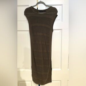 AllSaints Olive Brown Mesh Linen Blend Knit Midi Dress